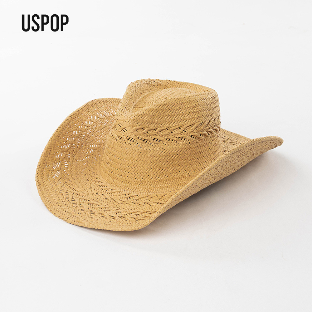 Cowboy Hat Straw - USPOP หมวกคาวบอยฟางสำหรับผู้หญิงฤดูร้อน หมวกฟางกระดาษทอมือ ปีกกว้าง หมวกกันแดดสไตล์ตะวันตก หมวกสำหรับวันหยุดพักผ่อนริมชายหาด